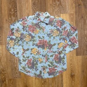 Cabin Creek Floral Button-Down Shirt in Light Blue with Pink and Yellow Blooms